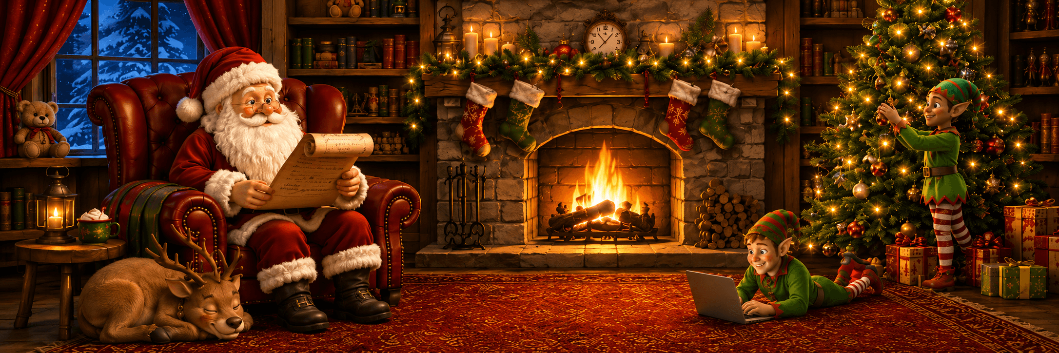 Santa reading a list in a cozy Christmas workshop with elves decorating a tree