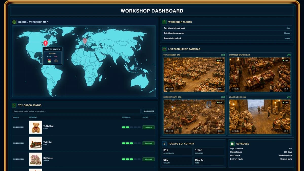 Santa workshop dashboard with toy orders and workshop cameras