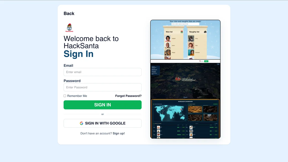 HackSanta account sign-in page with previews of the family experience