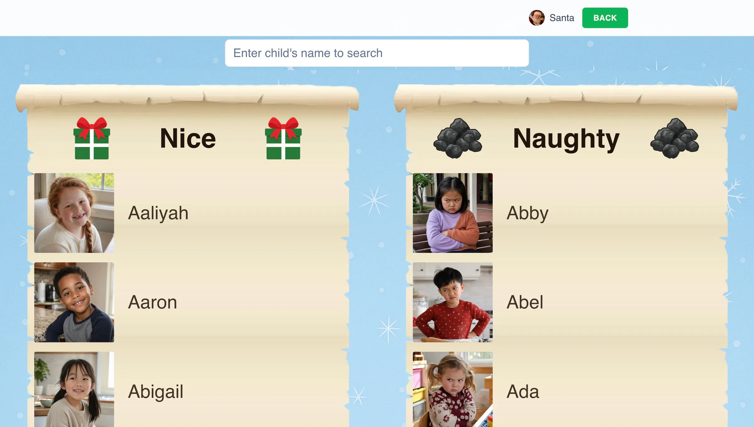 Santa's Nice and Naughty lists with children's names and portraits
