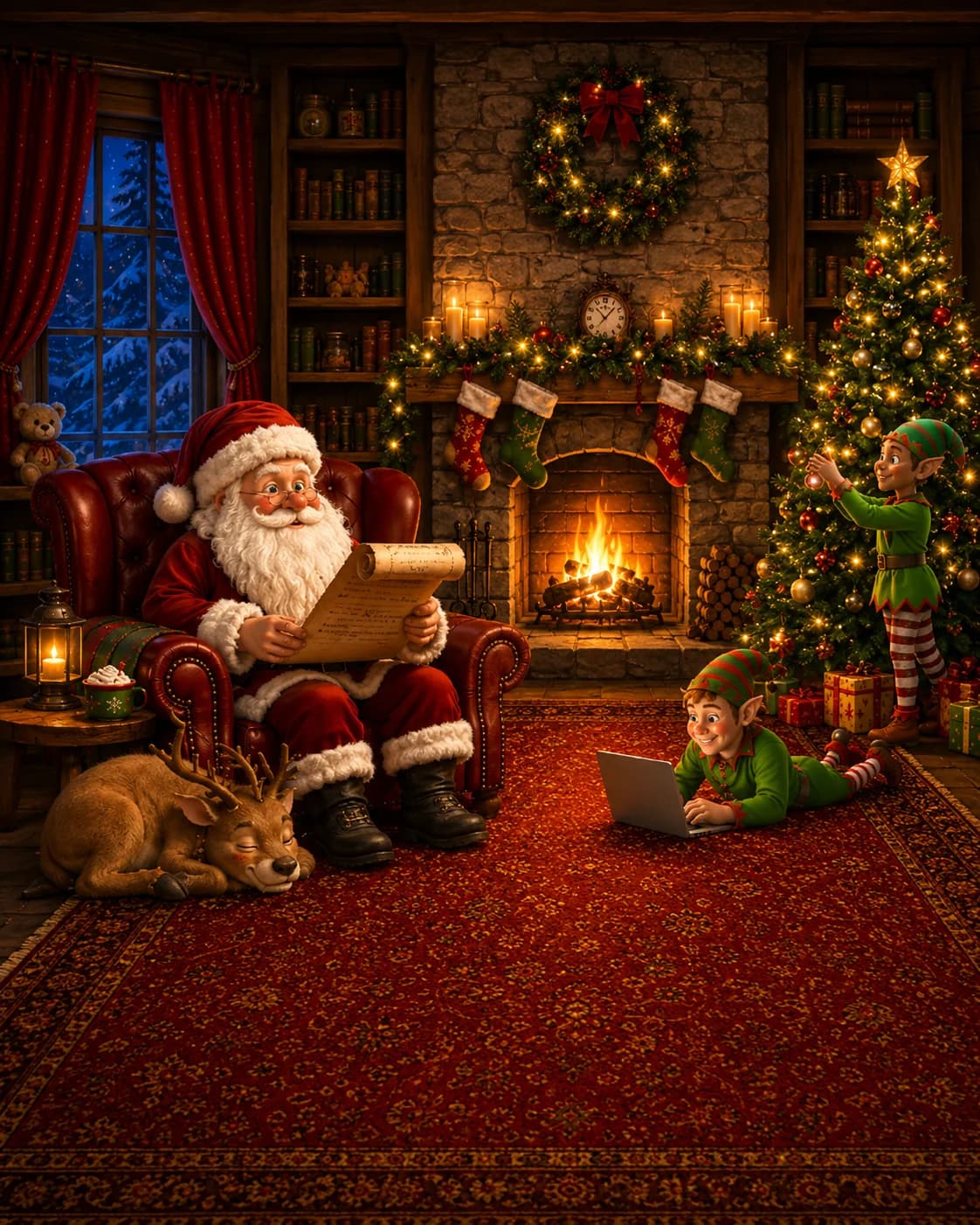 Santa reading a list in a cozy Christmas workshop with elves decorating a tree